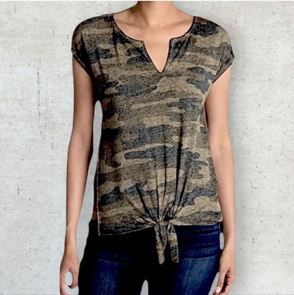 Lucky Brand Camo Burnout Short Sleeve Tie Front Tunic Tee Size Large